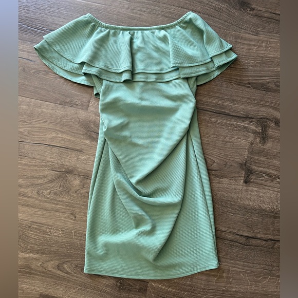 2/$80 PinkBlush off the shoulder ruffle dress maternity sage green medium shower - Picture 2 of 6